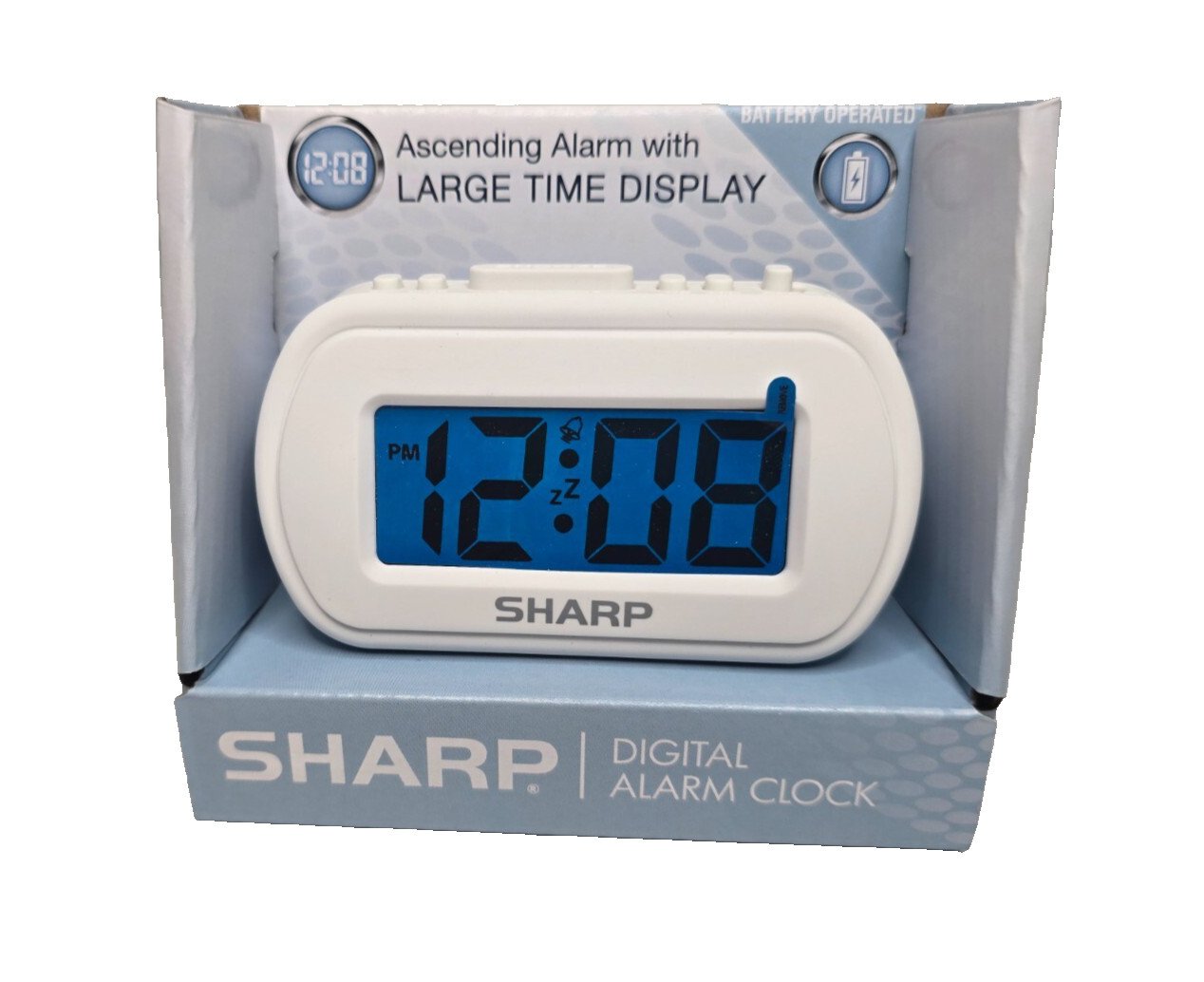 NEW Sharp Battery Alarm Clock Travel Digital 1" SPC483A White Case Blue Light
