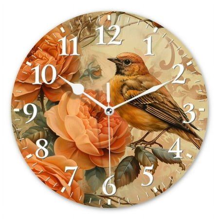Non-Ticking Silent Wall Clocks Battery Operated Personalized Decor Clock for Bathroom,Office-Bird Perched On Top Of Roses With Orange And Brown Pattern（12inch）