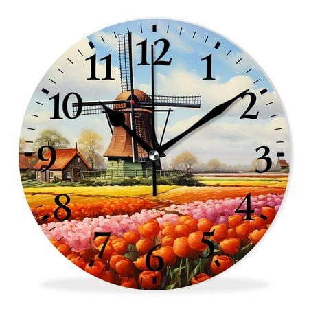 Non-Ticking Sweep Movement Wall Clock Battery Operated Analog Wall Clocks Decorative for Bedroom-A Traditional Dutch Windmill with Colorful Tulips in a Field(14inch)