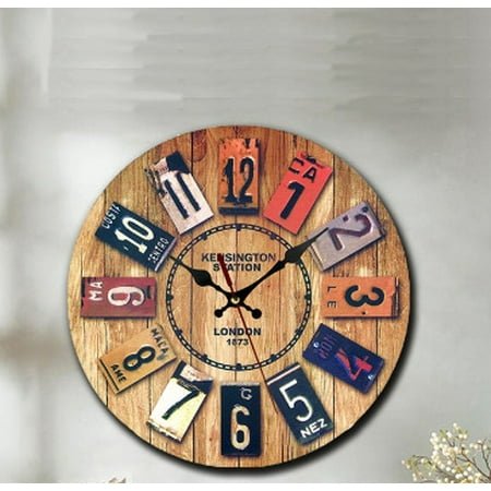 Nordic Living Room Retro Distressed Wall Clock Home Wooden round Clock Restaurant Horizontal Mute Wall Clocks Creative Pocket Watch
