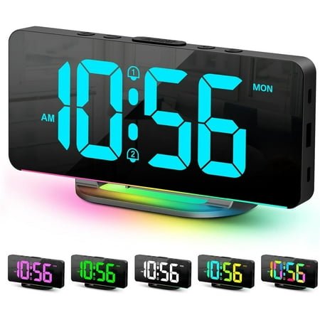 Onekawa Digital Alarm Clock Large LED Display RGB Alarm Clock with 10 Color Night Light Adjustable Brightness USB Charging Clock for Bedroom Nightstand Home Office Decor