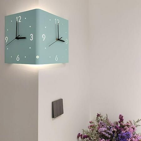 Operated Silent Square Wall Clock for Bedroom,Art Double Sided Corner Wall Clock, 3D Metal Corner Clock, Sensor Charging Luminous Corner Wall Clock with Numeral Scale，No Need to Punch Holes.(Green)