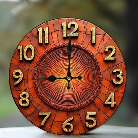 Orange Ceramic Wall Clock Rustic Sunburst Design 10-Inch Silent Wooden Wall Clock, Battery Operated (AA Batteries Not Included), Artistic Home Decor