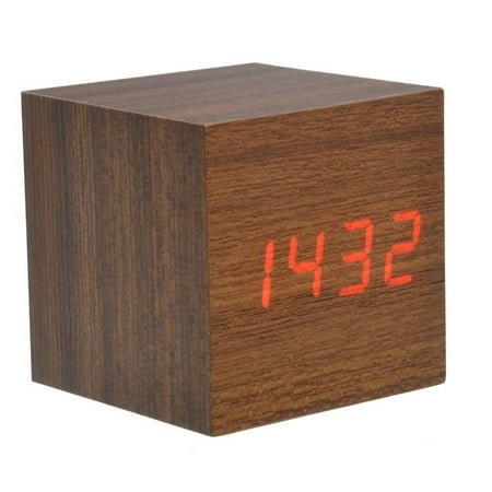 ORDDIART 1Pcs 008-4 Mini Cube Shaped LED Digital Wooden Alarm Clock with Date and Time Display for Bedroom