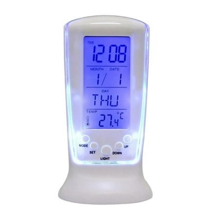Outoloxit LED Digital Music Table Alarm Clock with Purple Backlight Thermometers Calendar Display Snooze Function- Battery Powered- Suitable As A Home Gift, White