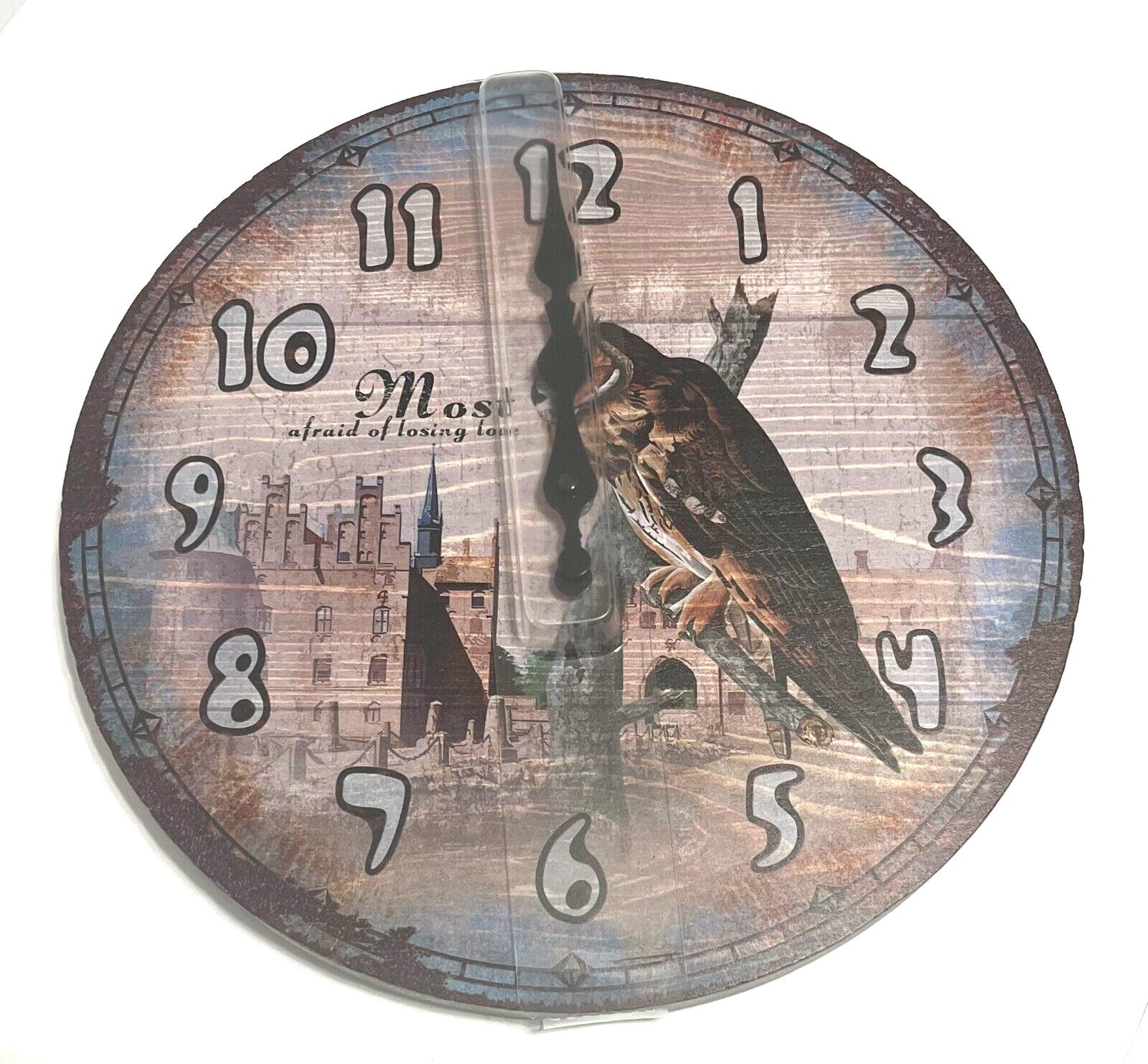 OWL OWL OWL Wall Hanging 12 in. Wooden Round Clock Battery Operated NEW