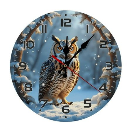 Owl Snow Forest Wall Clock 10 Inch Silent Non Ticking Round Wooden Clock Decoration for Living Room Kitchen Bedroom Bathroom Office Classroom