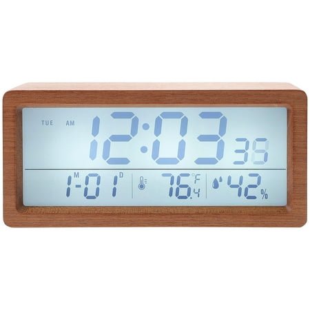 PAMINGONO Digital Clock Temperature Humidity Display Rectangular Table Clock Brown Wood 1Set For Bedroom Decor