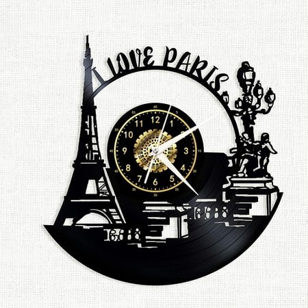 Paris France Cityscape Vintage Black Vinyl Record Wall Clock Wall Art 3D Modern Design Office Bar Room Home Decor Gift