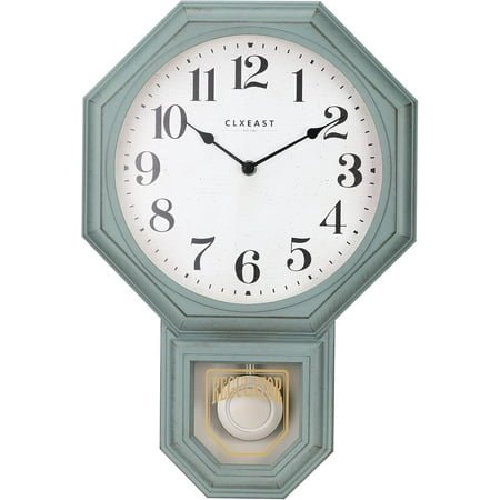 Pendulum Wall Clock, Schoolhouse Regulator Clock with Pendulum,Antique Aged Teal Green ABS Plastic,House Warming Gifts New Home,12 W x 17.5 H