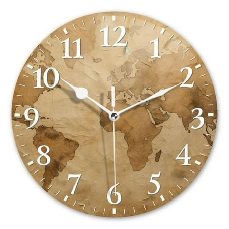 Personalized Wall Clock Non-Ticking Silent Clocks Battery Operated Round Clocks Decorative for Bathroom,Office-Vintage Paper Background With World Map(12inch)