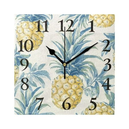 Pineapples Leaves Soft Pastel Square Wall Clock Battery Operated Easily Read Black Pointer Home Decor for Living Room Bedroom 7.78 x 7.78