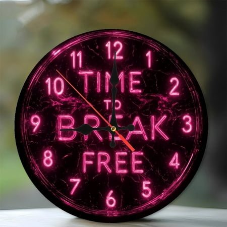 Pink Neon Clock Time To Break Freedom Wall Decor 12-Inch Silent Wooden Wall Clock, Battery Operated (AA Batteries Not Included), Artistic Home Decor