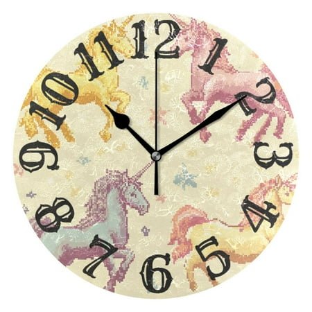 Pixel Unicorns Stars Wall Clock 10 inch Non-Ticking Easy to Read Decorative Clocks for Home Bedroom Living Room