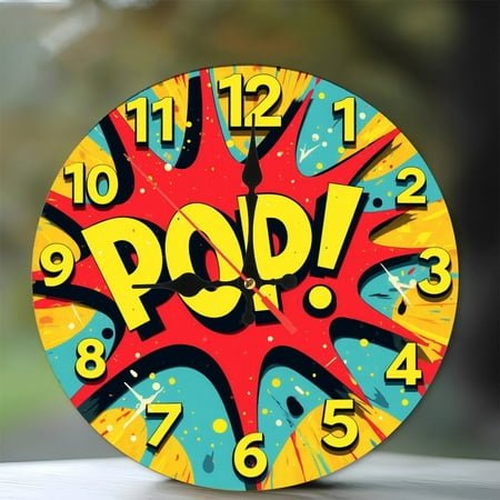 Pop Art Comic Book Style Wall Clock 10-Inch Silent Wooden Wall Clock, Battery Operated (AA Batteries Not Included), Artistic Home Decor