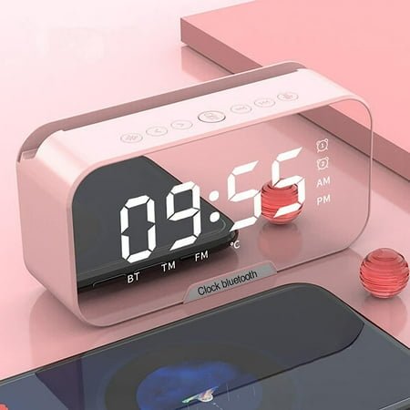 Portable Bluetooth Speaker, Mirror Clock, Dimmable LED Display, TF Card & AUX Playback, Digital Clock for Bedroom, Multifunction