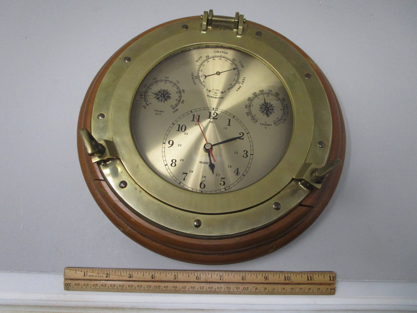 Porthole wall mount weather station and clock. 13.75 inches. All functions work
