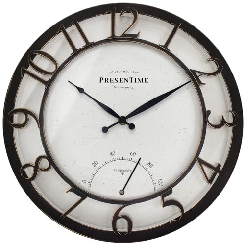 Presentime & Co 13" Farmhouse Outdoor Wall Clock w/Outdoor Thermometer, Cottage Style, Raised 3D Arabic Numerals, Oil Rubbed Bronze Finish (Wall Clock for Patio, Cottage, Poolside, Garden Spaces)