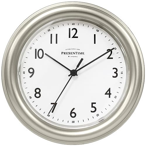 Presentime & Co. 8.5" Modern Farmhouse Essential Wall Clock, Silent Non Ticking, Morning Silver Color. (Wall Clock for Office, Home, Bathroom, Kitchen, Bedroom, and School)