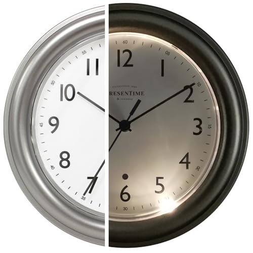 Presentime & Co. 8.5" Modern Farmhouse Night Light Wall Clock, Silent Non Ticking, Silver Color. (Luminous Wall Clock for Office, Home, Bathroom, Kitchen, Bedroom, and School)