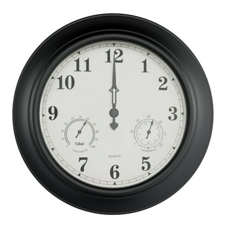 Pure Garden 18” Outdoor Clock with Thermometer & Hygrometer – Waterproof Wall Clock, Black Finish
