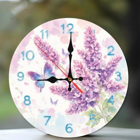 Purple Lilac Butterfly Watercolor Wall Clock Home Decor 10-Inch Silent Wooden Wall Clock, Battery Operated (AA Batteries Not Included), Artistic Home Decor