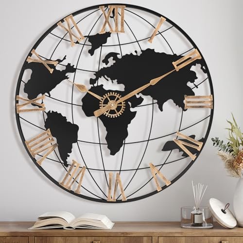 Pytha Sight 24 Inch Large Wall Clock for Living Room Decor,Big Modern Decorative Silent World Map Metal Wall Clock with Vintage Gold Roman Numeral for Office,Living Room,Kitchen,Dining Room