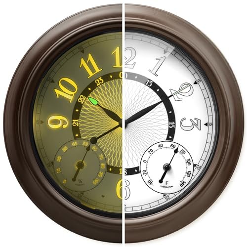 Pytha Sight Illuminated Large Metal Outdoor Clocks Waterproof 18 Inches With AI Auto Light Smart Sensor,Extra Big Indoor Outdoor Wall Clocks With Thermometer & Hygrometer for Patio, Pool, Garden,Porch