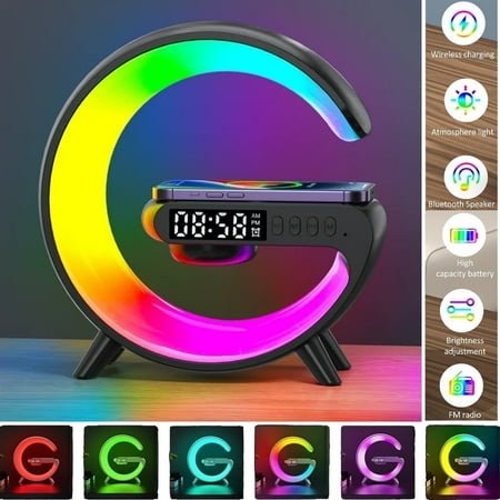 Qianwei Wireless Speaker, G Shape Table Lamp,Adjustable Brightness Atmosphere Lamp Night Lightwith Alarm Clock & Charging Function,Gifts(Black)