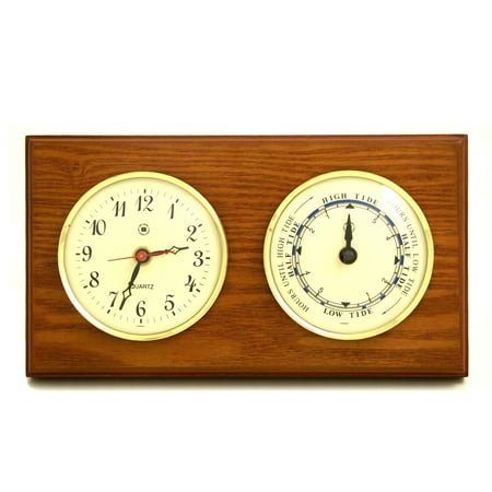 Quartz Clock and Tide Clock on Oak Wood with Brass Bezel. Wall Mounts Vertically or Horizontally.