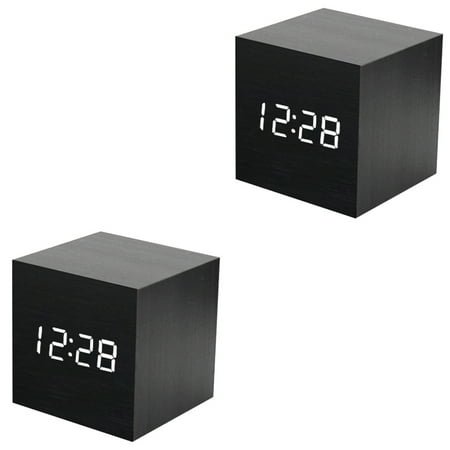 Raindrops 2pcs Creative USB Charging Square Multifunction LED Wood Clock Electronic Mini Alarm Clock without Battery (Black White Light)