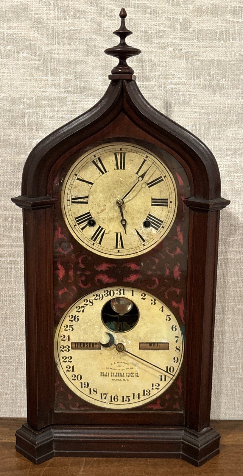 Rare Antique Ithaca Calendar Clock “The Steeple” Model Double Dial Shelf Clock