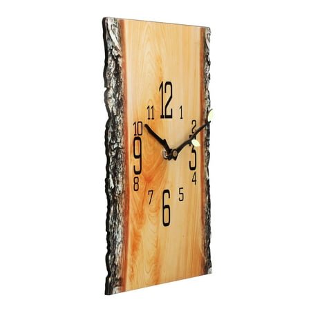 Rectangular Wooden Wall Clock with Tree Ring Design, Silent Mechanism, Manufactured Wood, AA Battery Operated, Flat Crown - 1 Piece Required (Not Included)