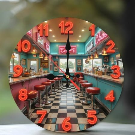 Retro Diner Clock Neon Sign Wall Decor 10-Inch Silent Wooden Wall Clock, Battery Operated (AA Batteries Not Included), Artistic Home Decor