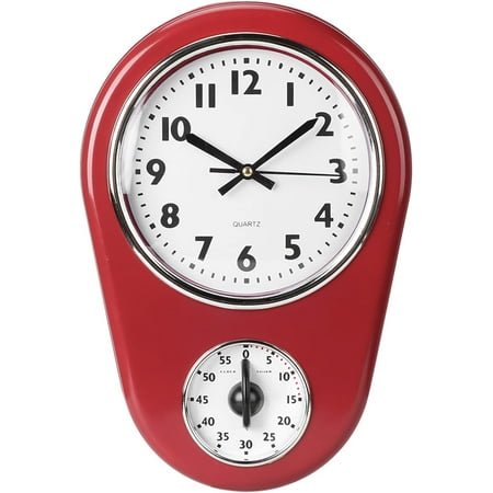 Retro Kitchen Timer Wall Clock, Vintage Wall Big Watch Hanging Clock Home Kitchen Timer Bell Shape Red for Indoor Living Room Decoration Red