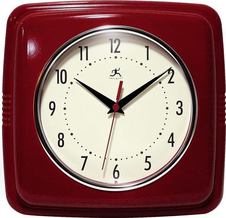 Retro Kitchen Wall Clock Silent Vintage Style Red 9" Square Lightweight Plastic