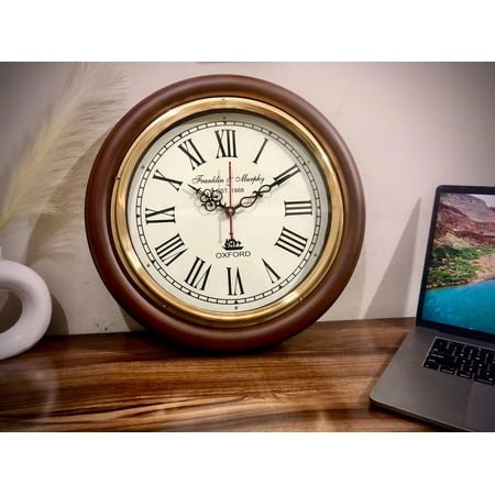 Retro Large 16 Inch Heavy Wooden Wall Clock by Franklin & Murphy | EST. 1868 Oxford Style | Elegant Functional Decor for Home and Office Best Gift
