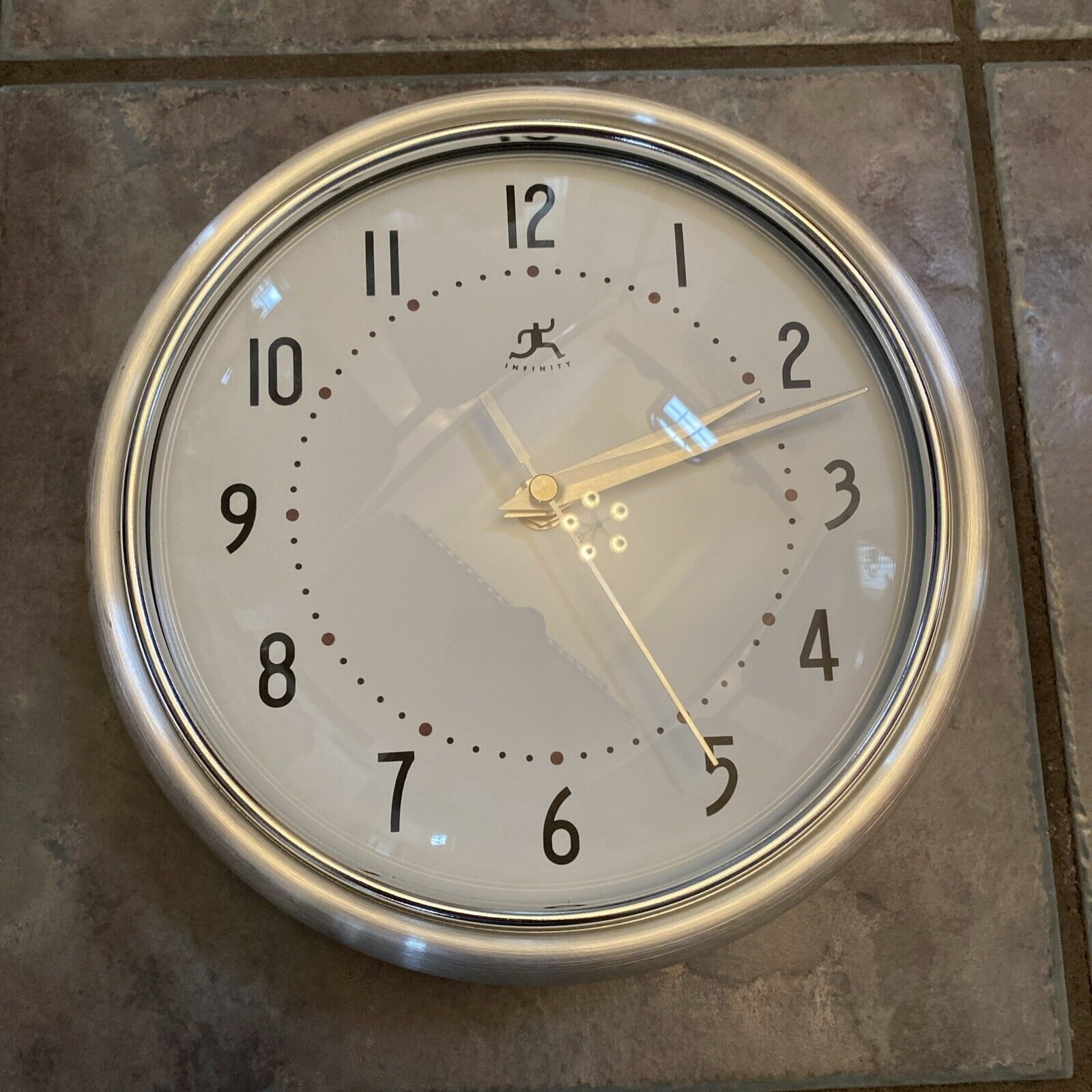 Retro Metal Wall Clock Silver 9.5 In Infinity Instruments Some Scuffs & Scratch*
