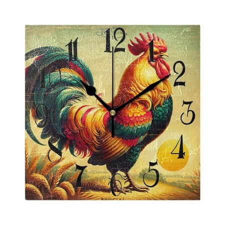 Retro Rooster Wall Clock Decorative Square Silent Non-Ticking Operated Clocks Aesthetic for Bedroom Living Room