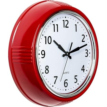 Retro Wall Clock 12 Inch, Red Kitchen 50's Vintage Design, Round Silent Non-Ticking Battery Operated, Quartz Clock for Home Office School Classroom