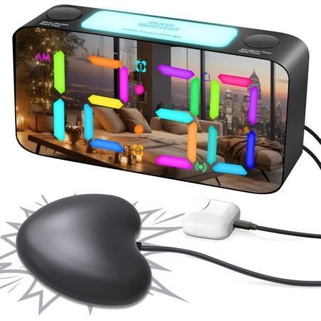 RGB Extra Loud Alarm Clock for Heavy Sleeper Hearing Impaired Deaf Bedroom, Vibrating Alarm Clock with Bed Shaker,15-Color Modes/7 Large Mirror Display/4 Dimmer,Night Light,USB Charge
