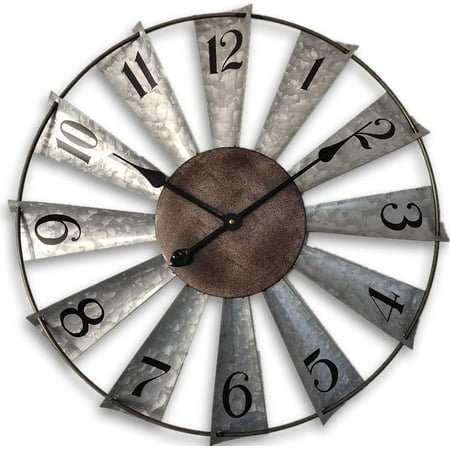 RJTZ 24inch Windmill Distressed Metal Wall Clocks Rustic Large Decorative Clock Oversized Farmhouse Decor,Non Ticking,Battery Operated