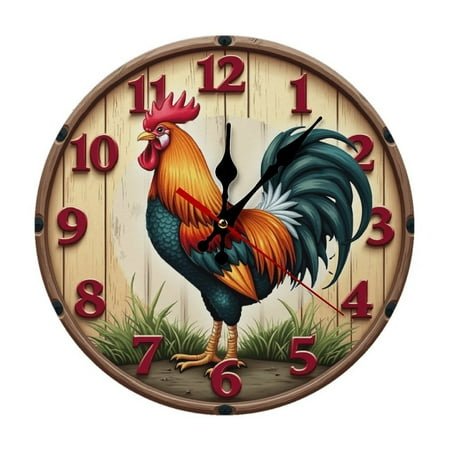 Rooster Chicken Wall Clock 10 Inch Silent Non Ticking Round Wooden Clock Decoration for Living Room Kitchen Bedroom Bathroom Office Classroom