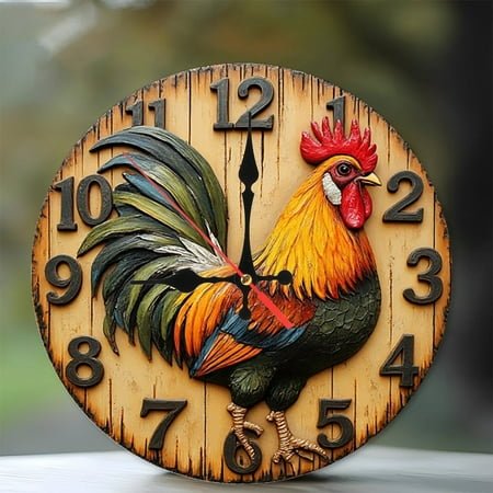 Rooster Clock Wall Decor Farmhouse Style 10-Inch Silent Wooden Wall Clock, Battery Operated (AA Batteries Not Included), Artistic Home Decor