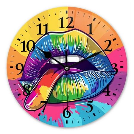Round Analog Wall Clocks Battery Operated Modern Clock Non-Ticking Silent Clocks Decorative for Home,Office-Colorful Vector Art Of Lips With Tongue Sticking Out(14inch)