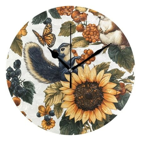 Round Art Wall Clock - Decorative Creative Dual-Use Clock with Oil Painting Design, Hanging or Tabletop (Black/Gold Hands)，Sunflower