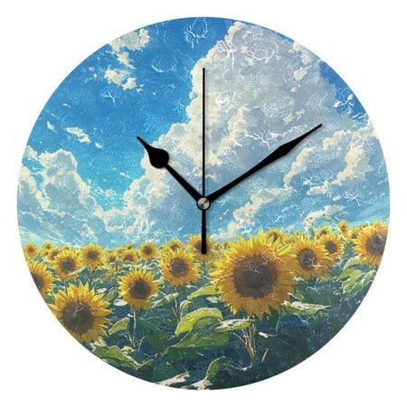 Round Art Wall Clock - Decorative Creative Dual-Use Clock with Oil Painting Design, Hanging or Tabletop (Black/Gold Hands)，Big Sunflowers