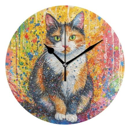 Round Art Wall Clock - Decorative Creative Dual-Use Clock with Oil Painting Design, Hanging or Tabletop (Black/Gold Hands),A Cute Calico Cat