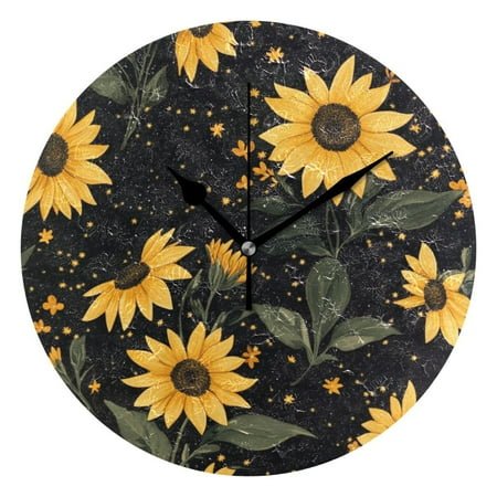 Round Art Wall Clock - Decorative Creative Dual-Use Clock with Oil Painting Design, Hanging or Tabletop (Black/Gold Hands)，Yellow Sunflowers