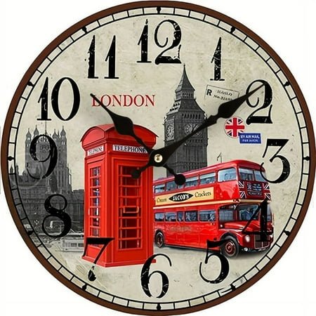 Round Vintage London Big Ben Red Bus Telephone Box Wood Wall Clock, Classic Elegant Home Art Decoration, AA Battery (not Included) 12 Inch